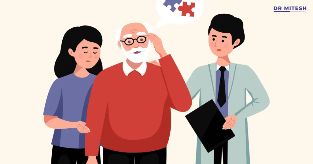 Doctor explaining differences between Parkinson’s disease and essential tremor to an elderly patient with caregiver support
