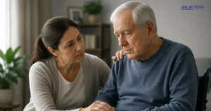 Elderly man with Multiple System Atrophy sitting in a wheelchair while receiving emotional support and care from a family member at home.