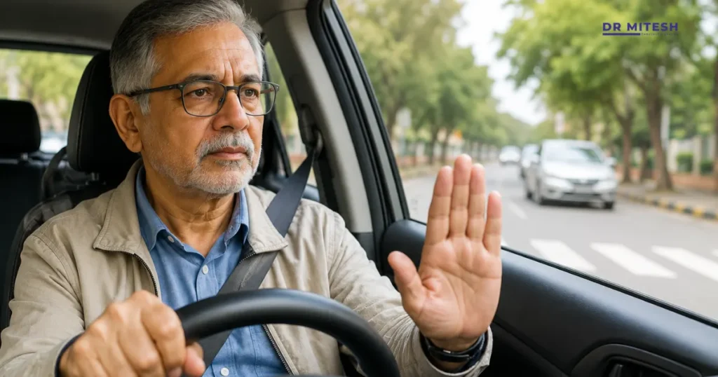 Older man with Parkinson’s disease sitting inside a car while driving carefully on a city road, showing concern and focus behind the wheel.