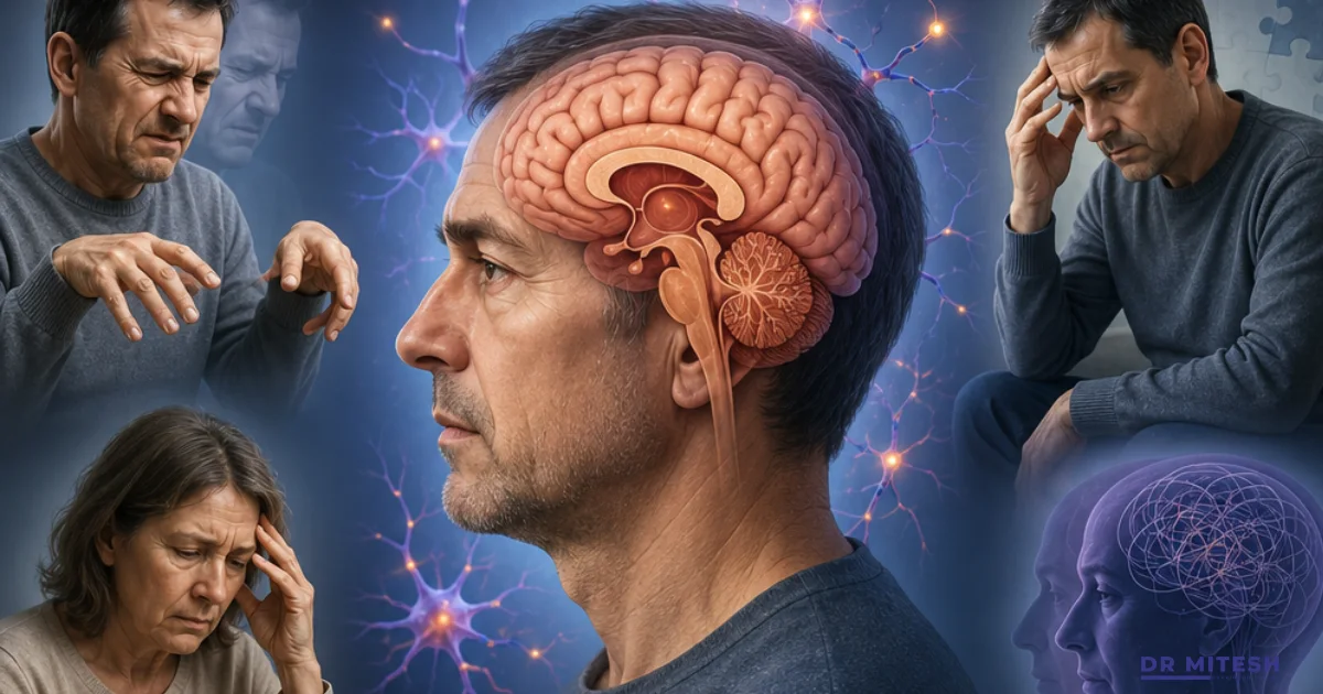 Middle-aged man showing progressive neurological symptoms associated with Huntington’s disease, including involuntary movements, emotional distress, balance difficulties, and advanced mobility decline.