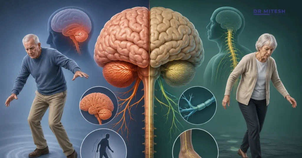 Older man and woman showing balance and walking difficulties associated with cerebellar ataxia and sensory ataxia, alongside brain and nerve illustrations highlighting neurological coordination problems.