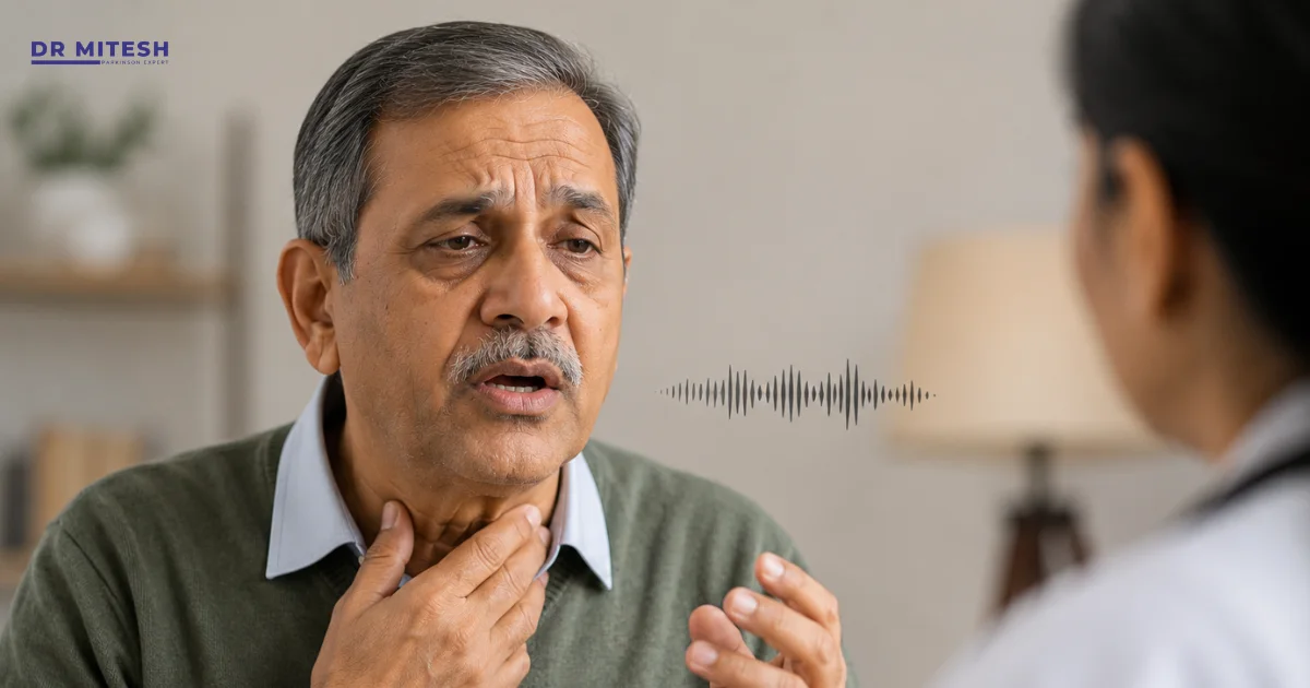 Alt Text: Older man above 50 years of age experiencing voice tremor while speaking to a doctor, holding his throat and showing difficulty in controlling his voice.