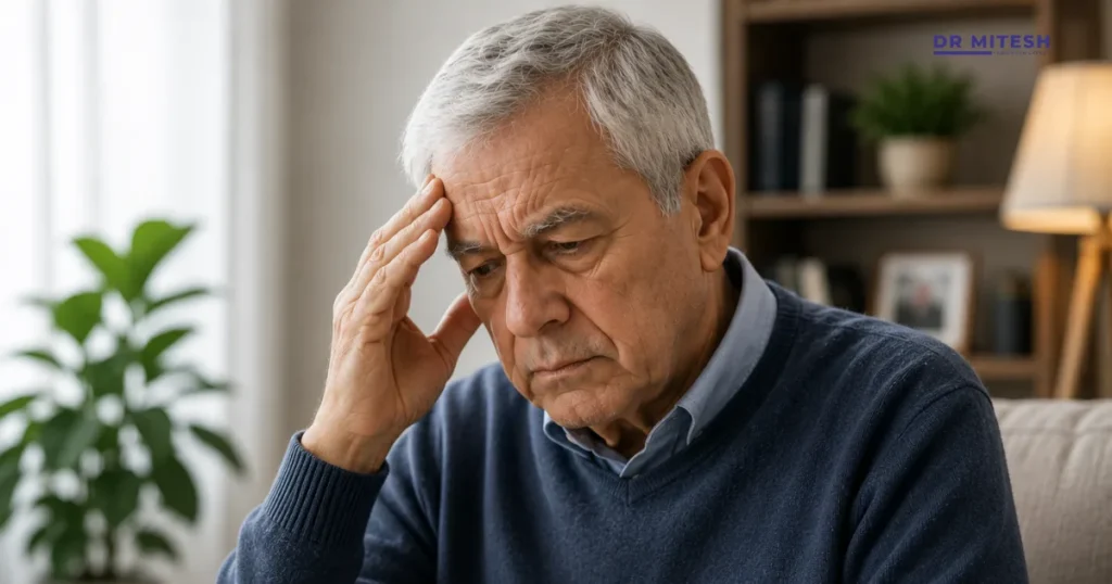 Older man sitting thoughtfully on a sofa showing subtle neurological symptoms and emotional concern associated with early warning signs of Progressive Supranuclear Palsy (PSP).