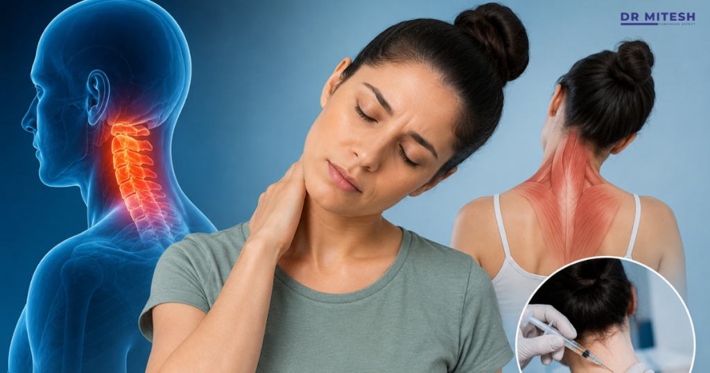 Illustration of a person with cervical dystonia (torticollis) experiencing involuntary neck twisting and pain, highlighting the cervical spine, neck muscles, and treatment with botulinum toxin injections.