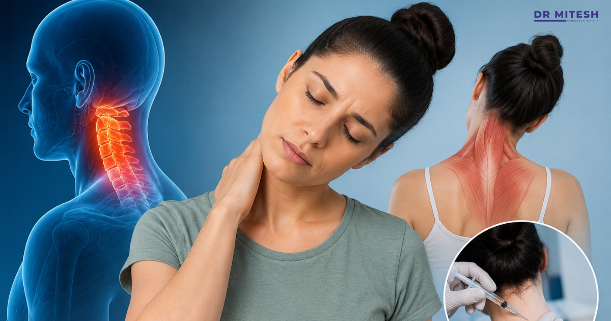 Illustration of a person with cervical dystonia (torticollis) experiencing involuntary neck twisting and pain, highlighting the cervical spine, neck muscles, and treatment with botulinum toxin injections.