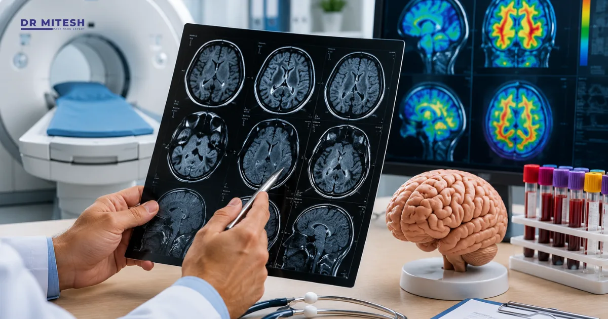 Doctor examining brain MRI scans and neurological test results in a medical clinic while evaluating a patient for Corticobasal Degeneration (CBD).