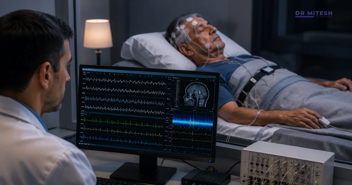 Patient undergoing an overnight sleep study with electrodes attached while a sleep technician monitors brain activity and sleep patterns to diagnose REM Sleep Behavior Disorder (RBD).