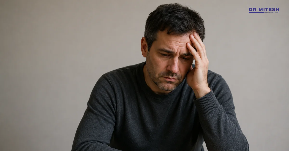 A person sitting alone with a worried expression, symbolizing the emotional and mental health challenges associated with Huntington's disease.
