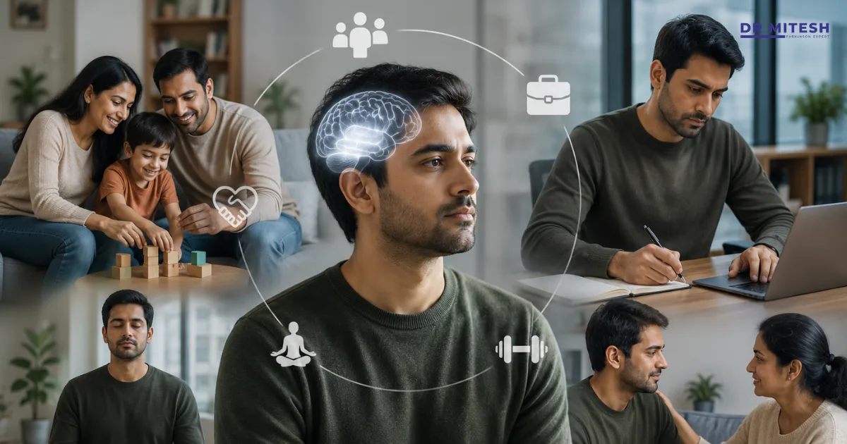 Young adult man with Parkinson’s disease balancing work, family life, and personal relationships while managing the challenges of early-onset Parkinson’s.