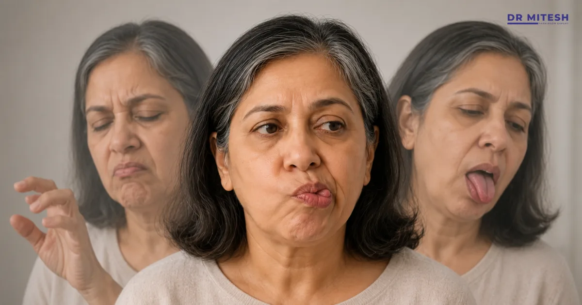 Adult with involuntary facial and tongue movements caused by tardive dyskinesia, illustrating the neurological side effects associated with long-term use of certain medications.