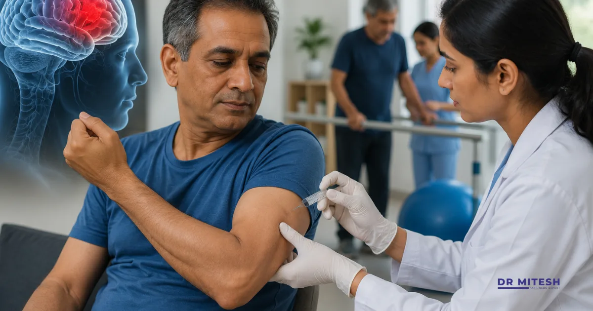 Neurologist administering a botulinum toxin (Botox) injection to a patient with arm spasticity following a stroke or brain injury in a clinical rehabilitation setting.