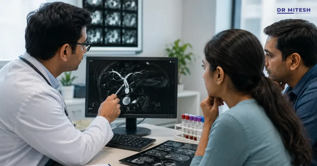 Doctor explaining CBD diagnosis using abdominal imaging and diagnostic tests to patients