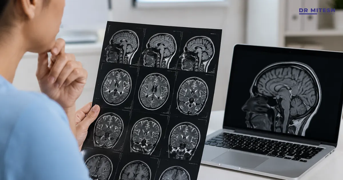 A patient carefully examines printed brain MRI scan images in a modern medical office while a laptop displays an MRI scan, representing the process of understanding MRI reports with a healthcare professional.