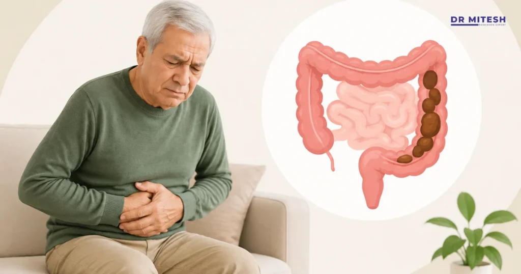 Elderly man experiencing constipation with a medical illustration of the colon showing stool buildup