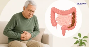 Elderly man experiencing constipation with a medical illustration of the colon showing stool buildup