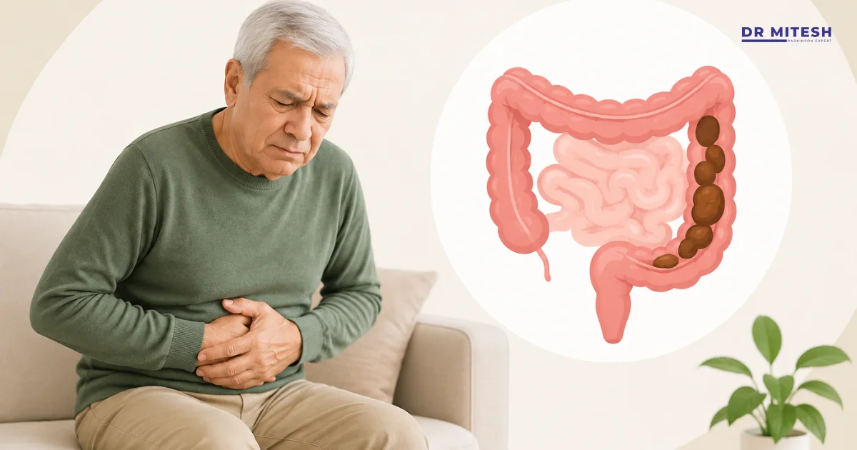 Elderly man experiencing constipation with a medical illustration of the colon showing stool buildup