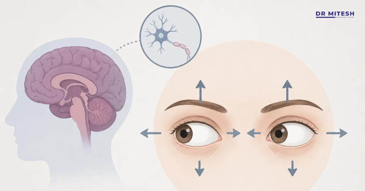 Medical illustration showing difficulty with downward eye movement in progressive supranuclear palsy (PSP).