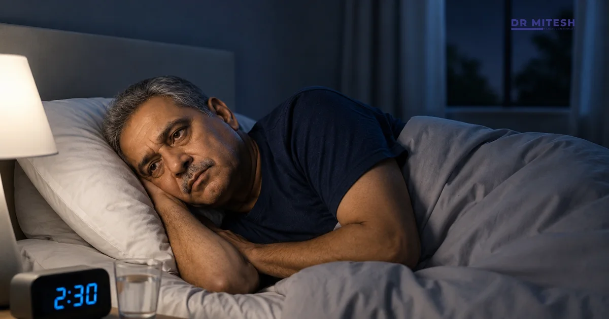 Older man lying awake in bed at night, representing sleep problems associated with Multiple System Atrophy (MSA).