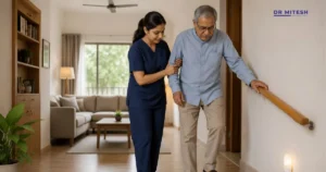 Elderly man with PSP walking safely at home with caregiver support and a wall-mounted handrail