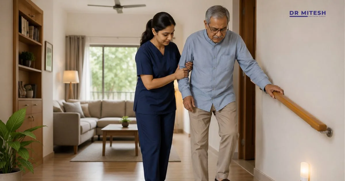 Elderly man with PSP walking safely at home with caregiver support and a wall-mounted handrail
