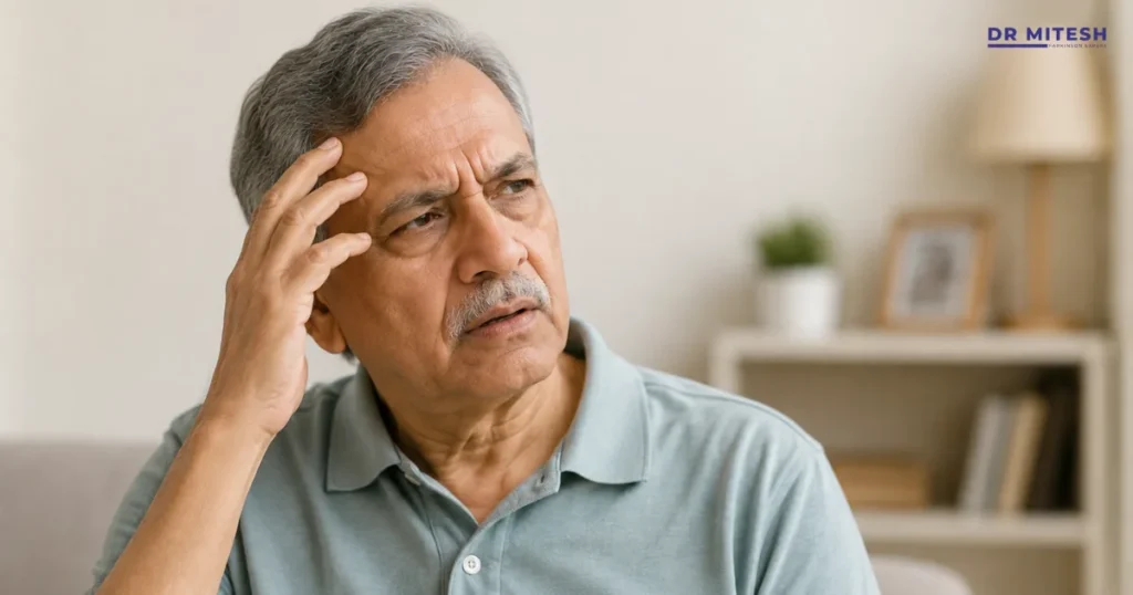 An older man sits at home with a thoughtful, confused expression, appearing to search his memory, representing cognitive changes that can occur in Parkinson's disease and dementia.