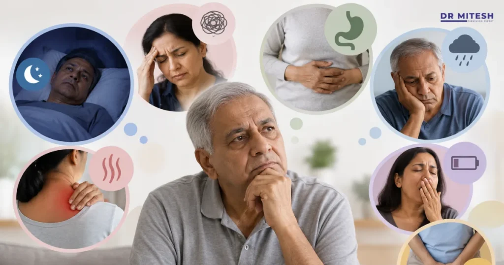 Older man experiencing various non-motor symptoms associated with Parkinson’s disease, including sleep problems, digestive issues, fatigue, pain, and urinary symptoms.