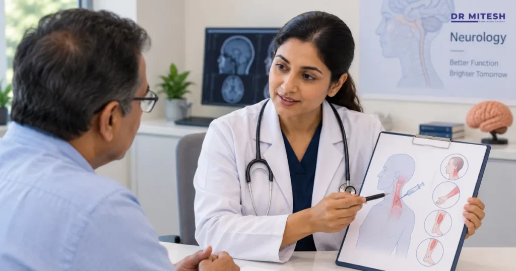 Doctor discussing neurological Botox treatment with a patient during a consultation, using a medical diagram showing injection areas and muscles.