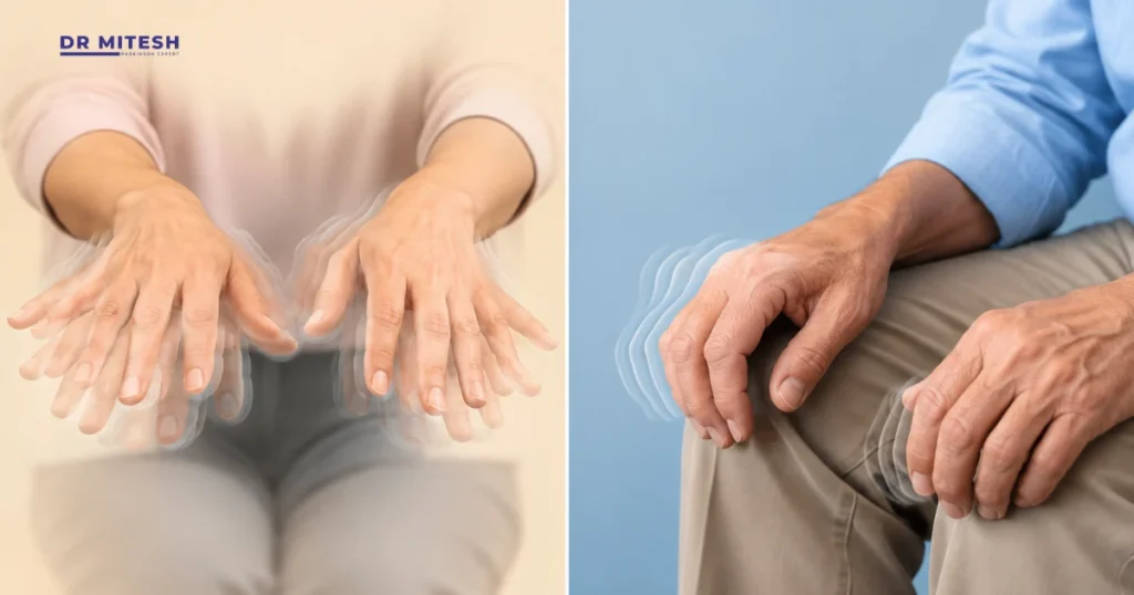 Functional tremor and Parkinson’s tremor shown through contrasting hand movement patterns.