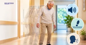 Elderly man experiencing freezing of gait while walking with visual and auditory cueing techniques