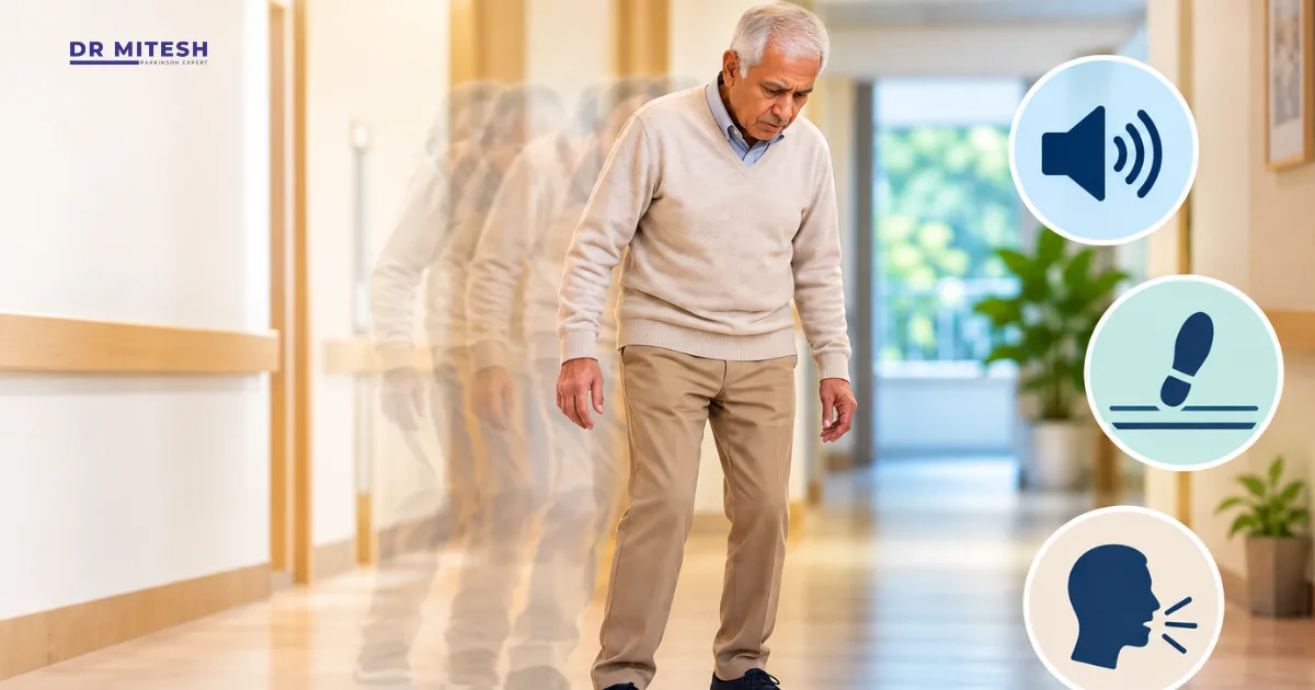 Elderly man experiencing freezing of gait while walking with visual and auditory cueing techniques