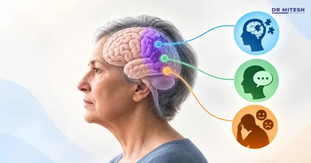 Illustration of an older woman with a highlighted brain, representing cognitive decline associated with corticobasal degeneration, including memory, language, and behavioural changes.