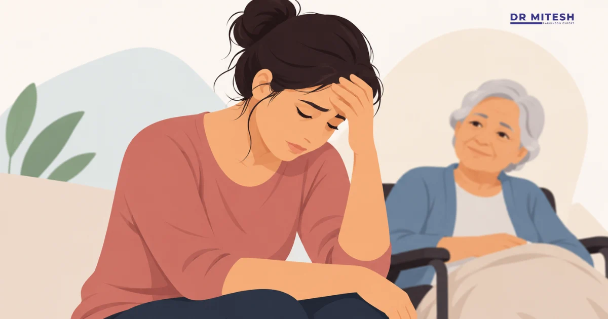Caregiver experiencing emotional stress while caring for an elderly woman.