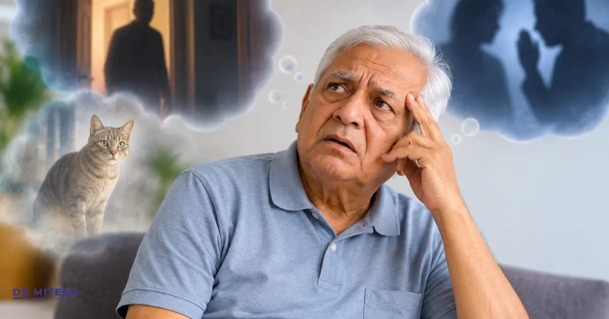 Elderly man experiencing confusion and visual hallucinations associated with Parkinson’s disease.