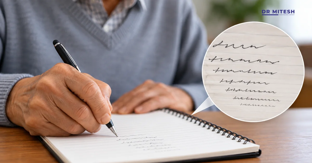 Elderly person writing in a notebook with handwriting that progressively becomes smaller, illustrating micrographia associated with Parkinson’s disease.