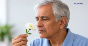 Elderly man smelling a flower to illustrate loss of smell as an early sign of Parkinson’s disease