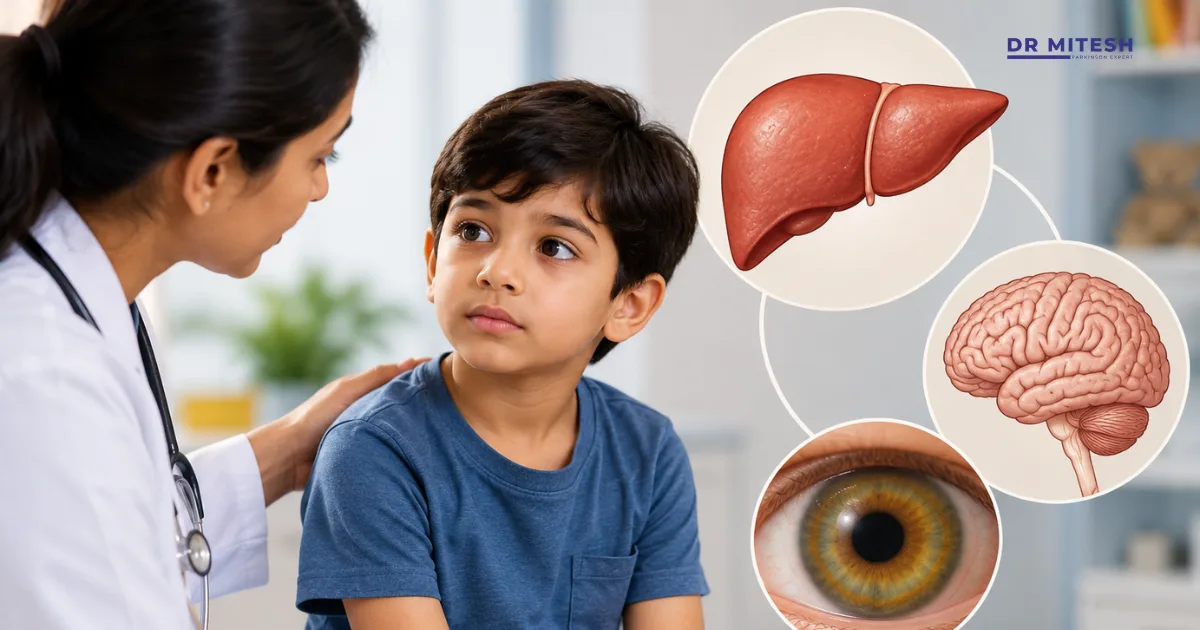 Wilson's disease in children showing a child and liver with copper accumulation