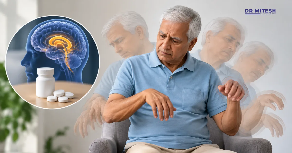 Elderly man experiencing involuntary movements associated with levodopa-induced dyskinesia in Parkinson’s disease.