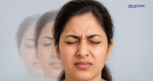 Woman with tightly closed eyes illustrating excessive blinking and eyelid spasms in blepharospasm