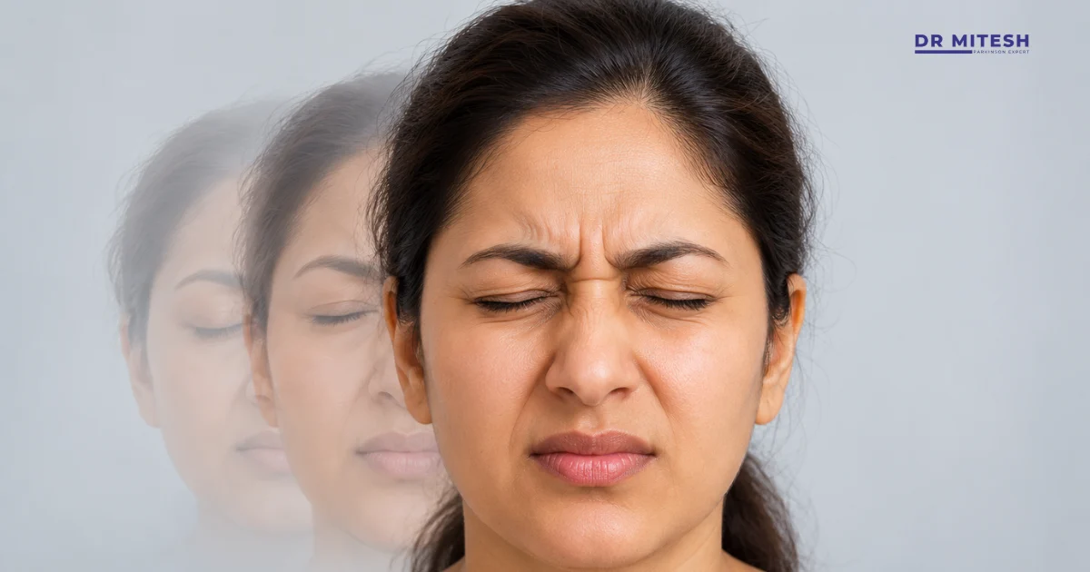 Woman with tightly closed eyes illustrating excessive blinking and eyelid spasms in blepharospasm